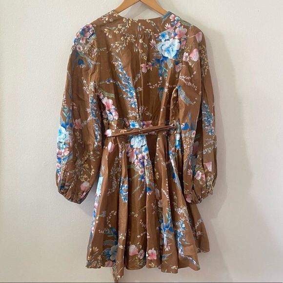 NWOT ZIMMERMANN 100% Linen Cassia Wrap Short Brown Floral Dress - Picture 5 of 9